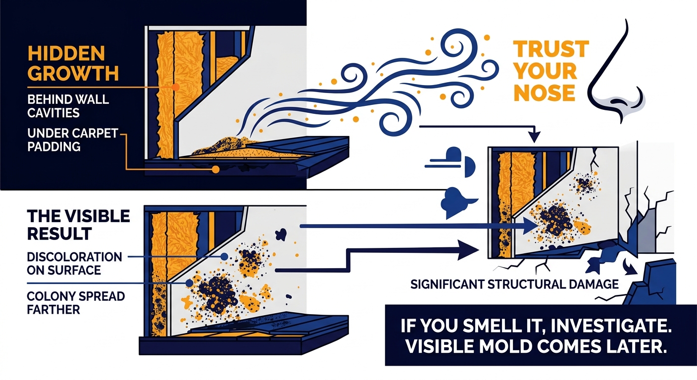Generate an image for this text

Mold does not always announce itself visually. It grows first in hidden places: behind insulation batts, inside wall cavities, under carpet padding, along the back sides of storage shelving. By the time you can see discoloration on a surface, the colony has often already spread beyond what is visible. The smell, by contrast, travels through walls and around corners. It reaches you before the damage becomes obvious.

This is why trusting your nose matters. Homeowners who see nothing wrong and talk themselves out of investigating further are the ones who end up discovering significant structural damage weeks or months later. If the smell is there and it is consistent, something is producing it. The absence of visible mold is not reassurance. It is a reason to look harder.